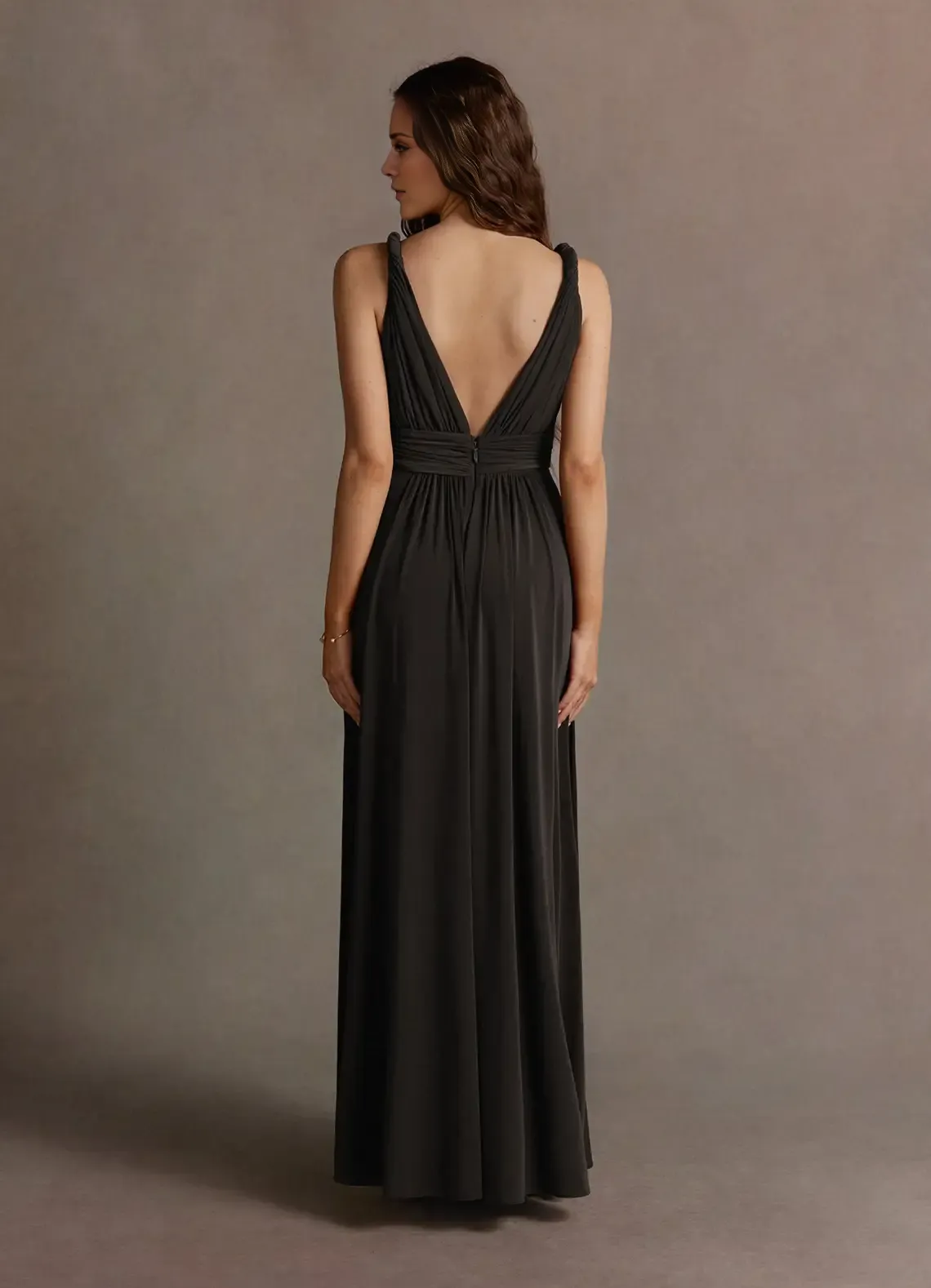 A-line deep V-neck sleeveless off shoulder and floor length evening gowns