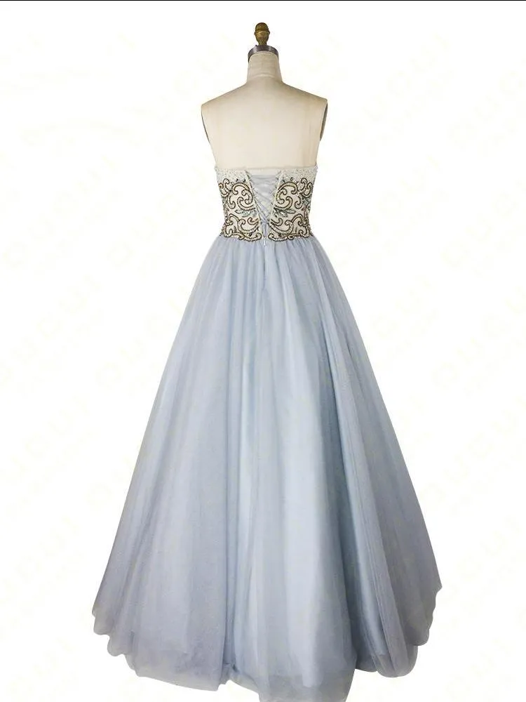 A-line Sweetheart Beaded Light Blue Long Prom Dress Unique Formal Gowns OKR55