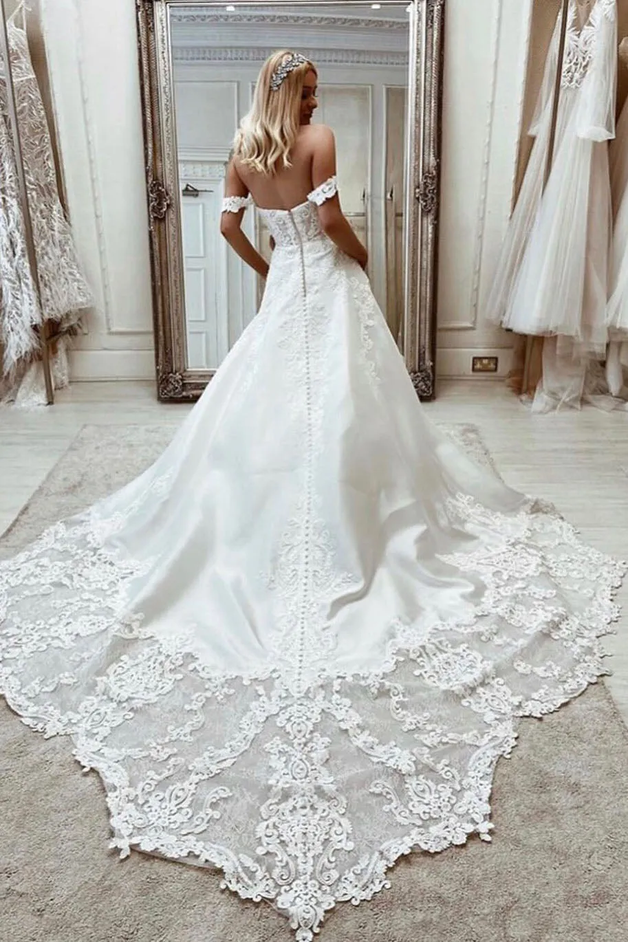 A-line Sweetheart Off Shoulder Lace Appliques Elegant Bride Gowns OKV39