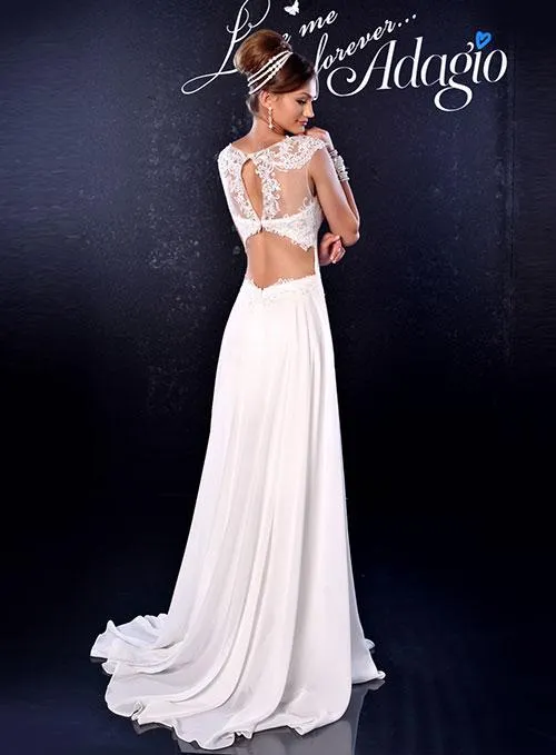 Adagio Bridal 9163 size 0 Ivory Long Chiffon Sheer Lace Wedding Dress Open Back Train