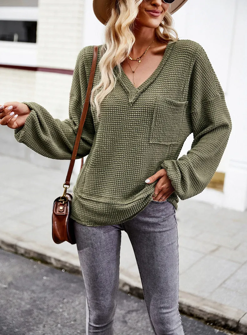 Army Green Sweater Long Sleeve V-Neck Solid Color Top