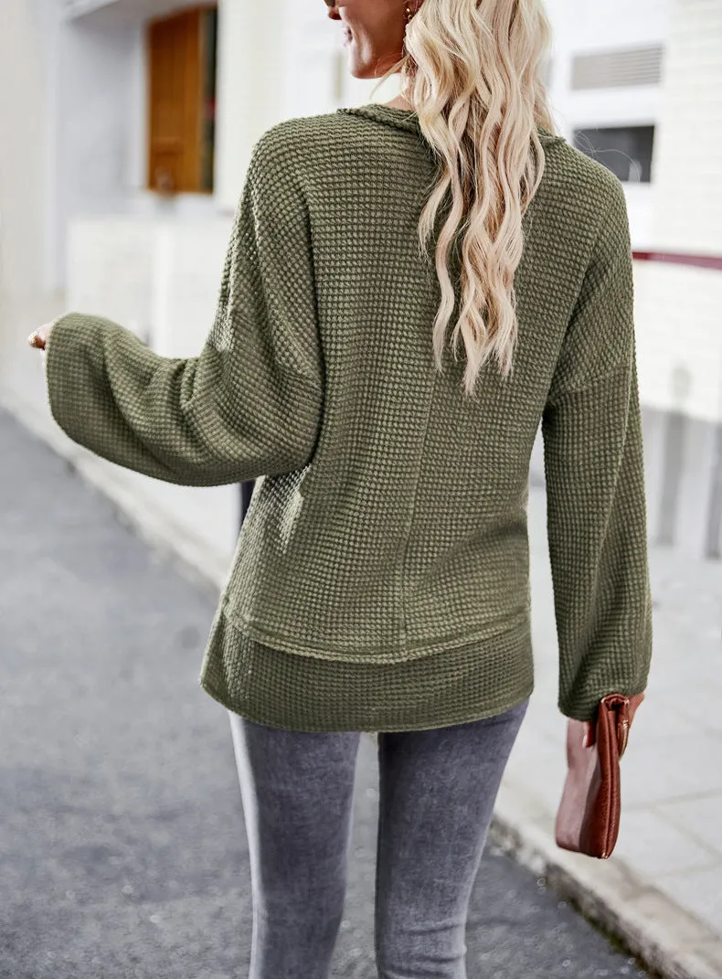 Army Green Sweater Long Sleeve V-Neck Solid Color Top