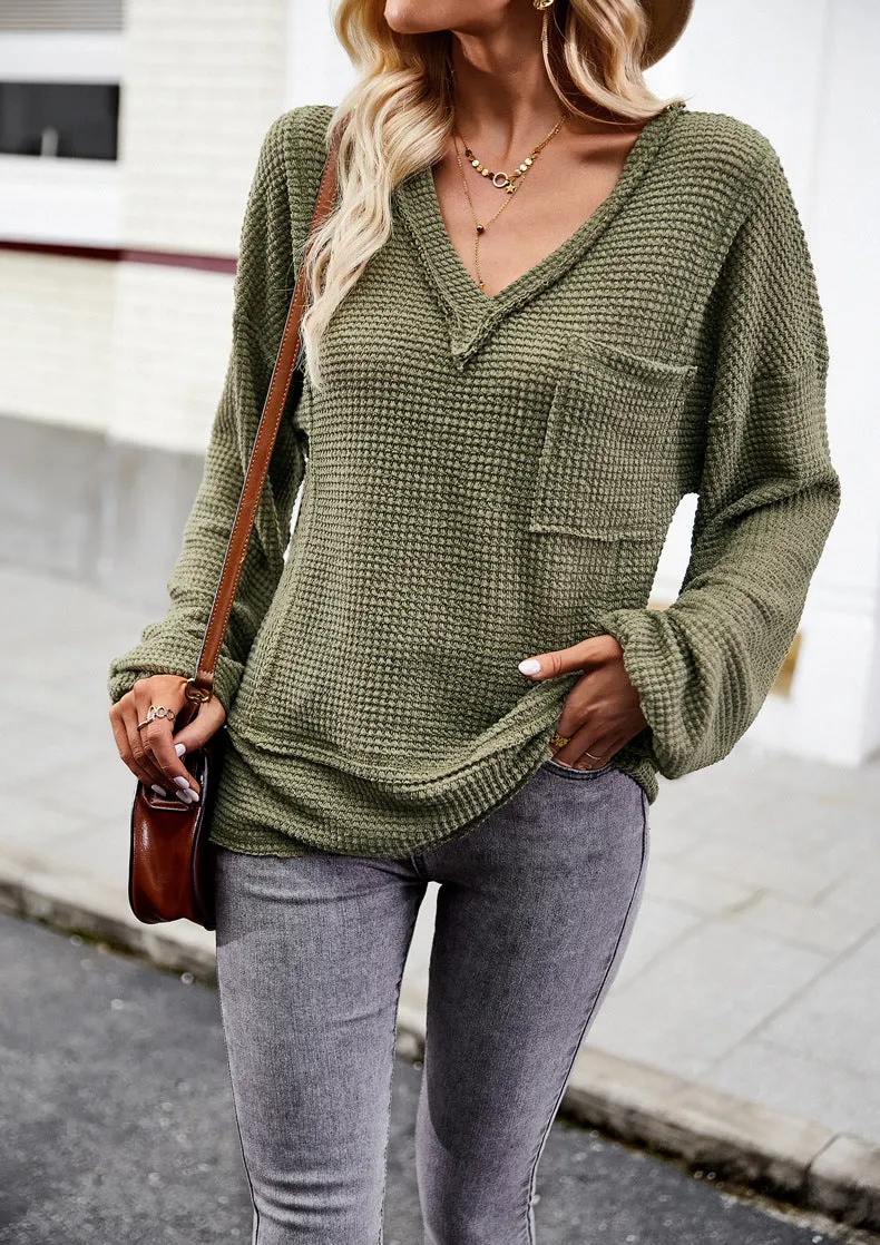 Army Green Sweater Long Sleeve V-Neck Solid Color Top