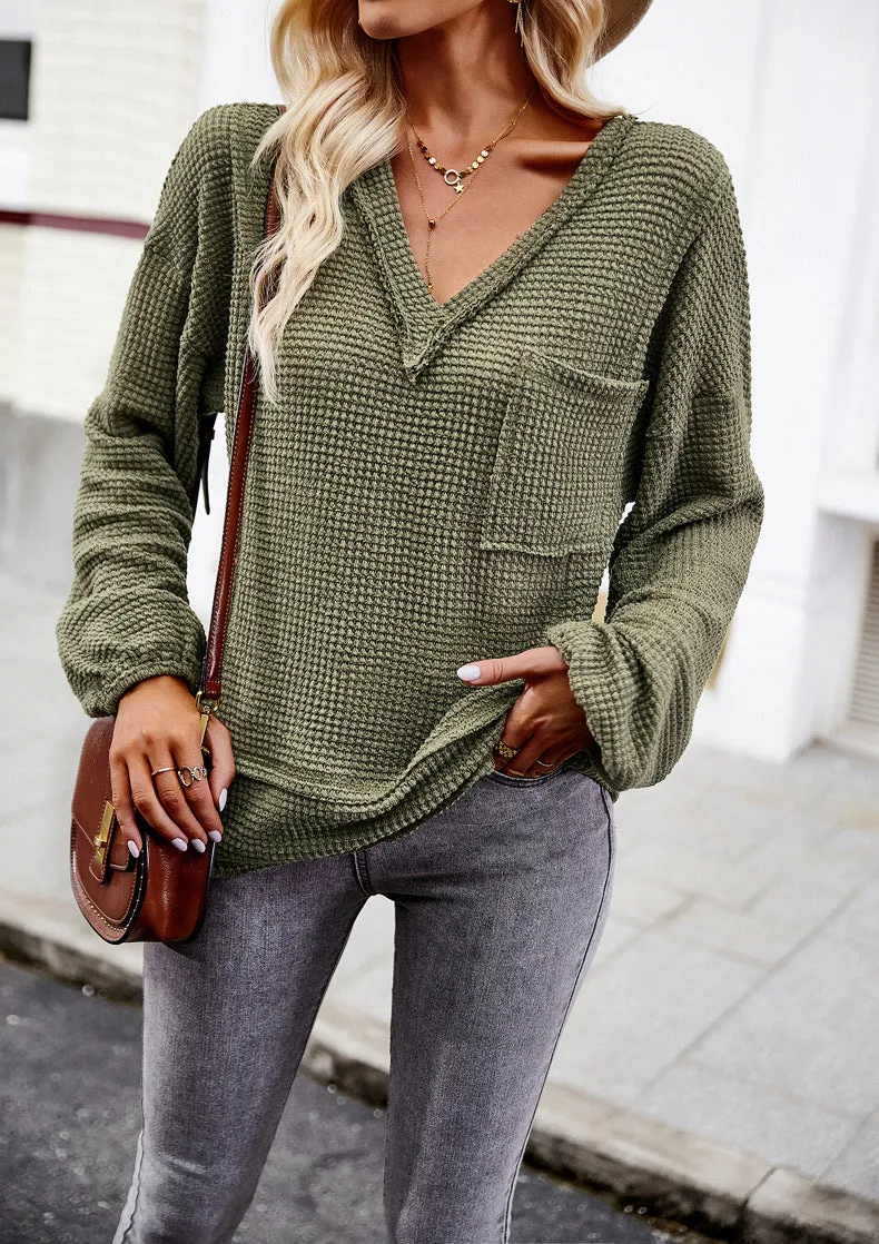 Army Green Sweater Long Sleeve V-Neck Solid Color Top