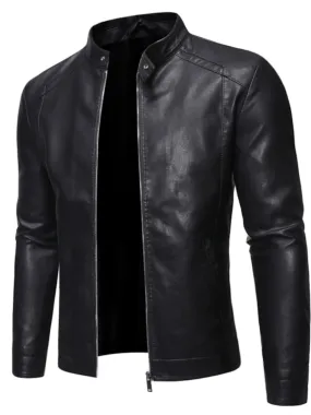 Autumn and Winter European and American Stand Collar Simple Plus size Casual Slim fit Leather Men's Fashion Fleece-lined Motorcycle PU Leather Jacket Tide