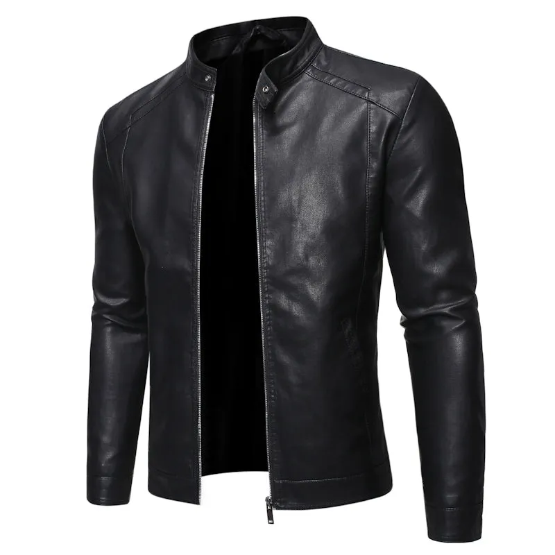 Autumn and Winter European and American Stand Collar Simple Plus size Casual Slim fit Leather Men's Fashion Fleece-lined Motorcycle PU Leather Jacket Tide