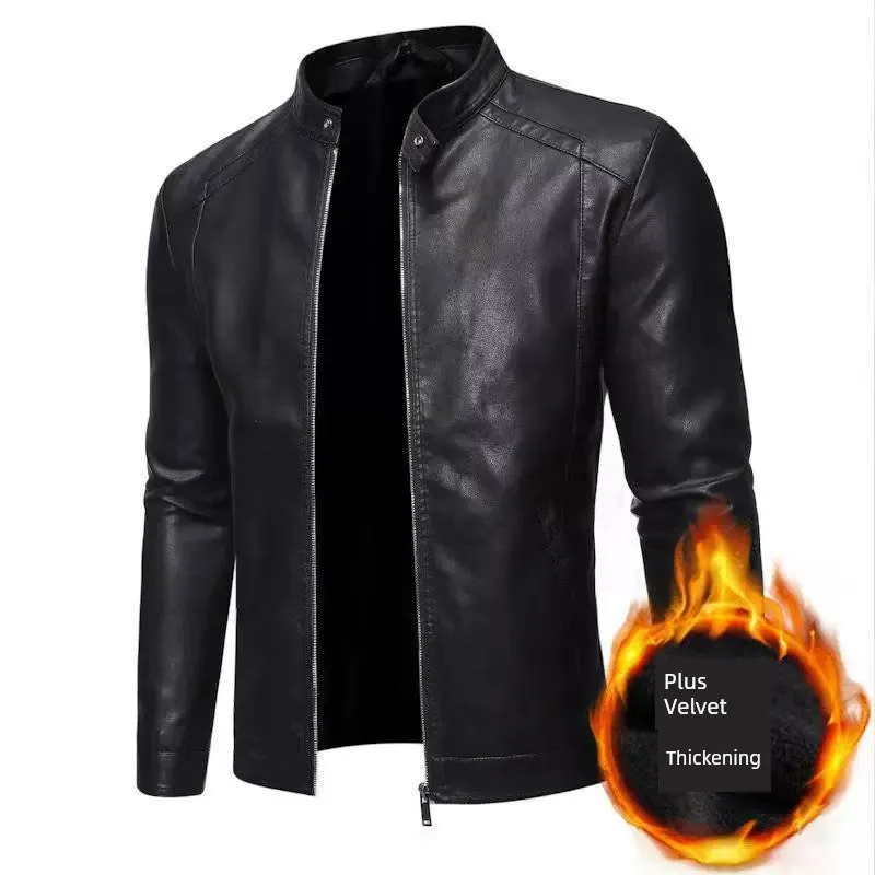 Autumn and Winter European and American Stand Collar Simple Plus size Casual Slim fit Leather Men's Fashion Fleece-lined Motorcycle PU Leather Jacket Tide