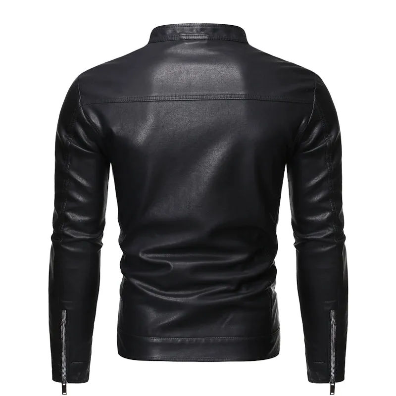 Autumn and Winter European and American Stand Collar Simple Plus size Casual Slim fit Leather Men's Fashion Fleece-lined Motorcycle PU Leather Jacket Tide