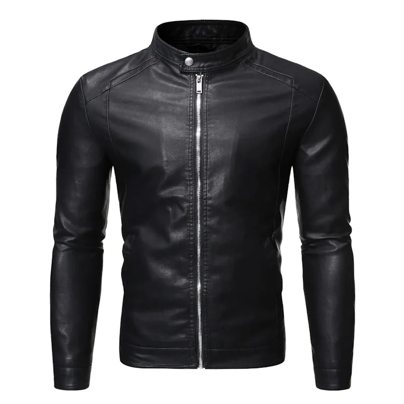 Autumn and Winter European and American Stand Collar Simple Plus size Casual Slim fit Leather Men's Fashion Fleece-lined Motorcycle PU Leather Jacket Tide