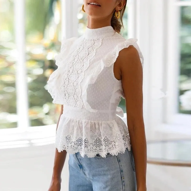 Backless Lace Embroidery Ruffled Hollow Out Summer Style White Top