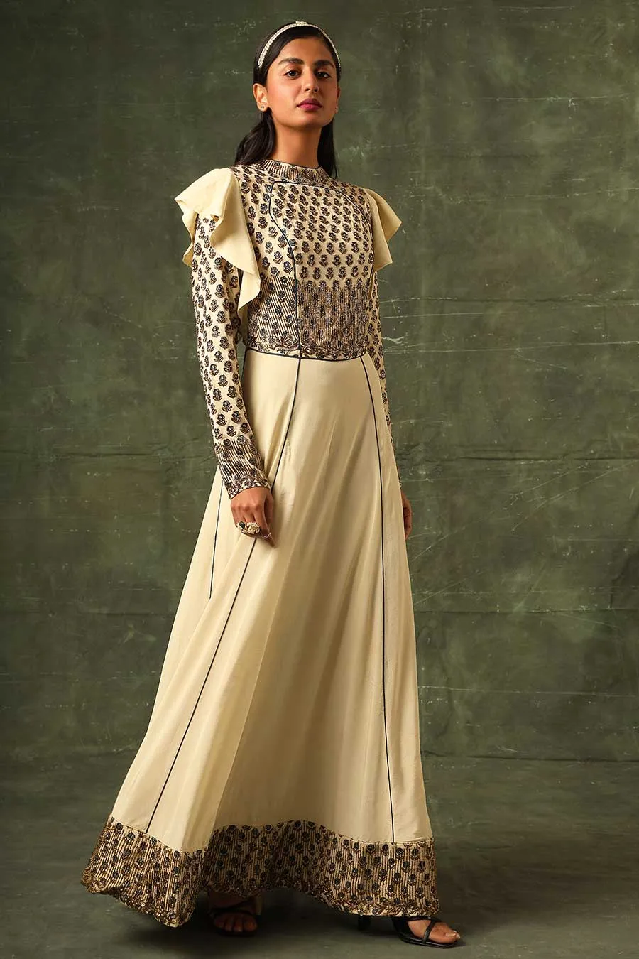 Beige Ajrakh Embroidered A-Line Gown