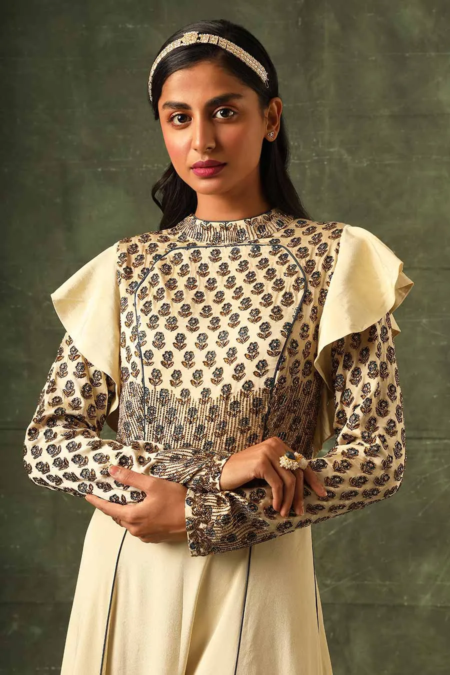 Beige Ajrakh Embroidered A-Line Gown