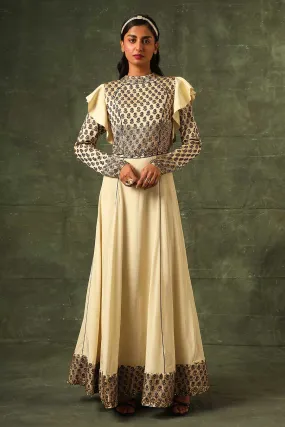 Beige Ajrakh Embroidered A-Line Gown