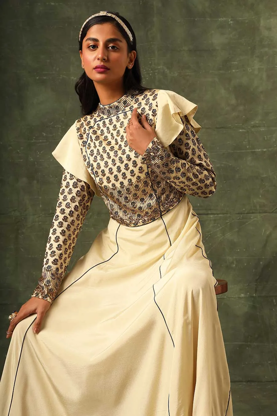 Beige Ajrakh Embroidered A-Line Gown