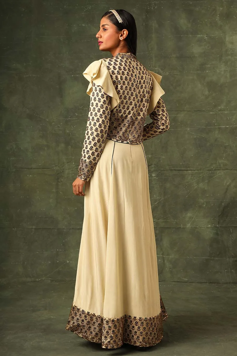 Beige Ajrakh Embroidered A-Line Gown