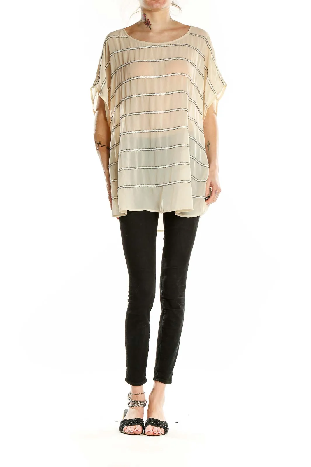 Beige Striped Oversized Tunic Top