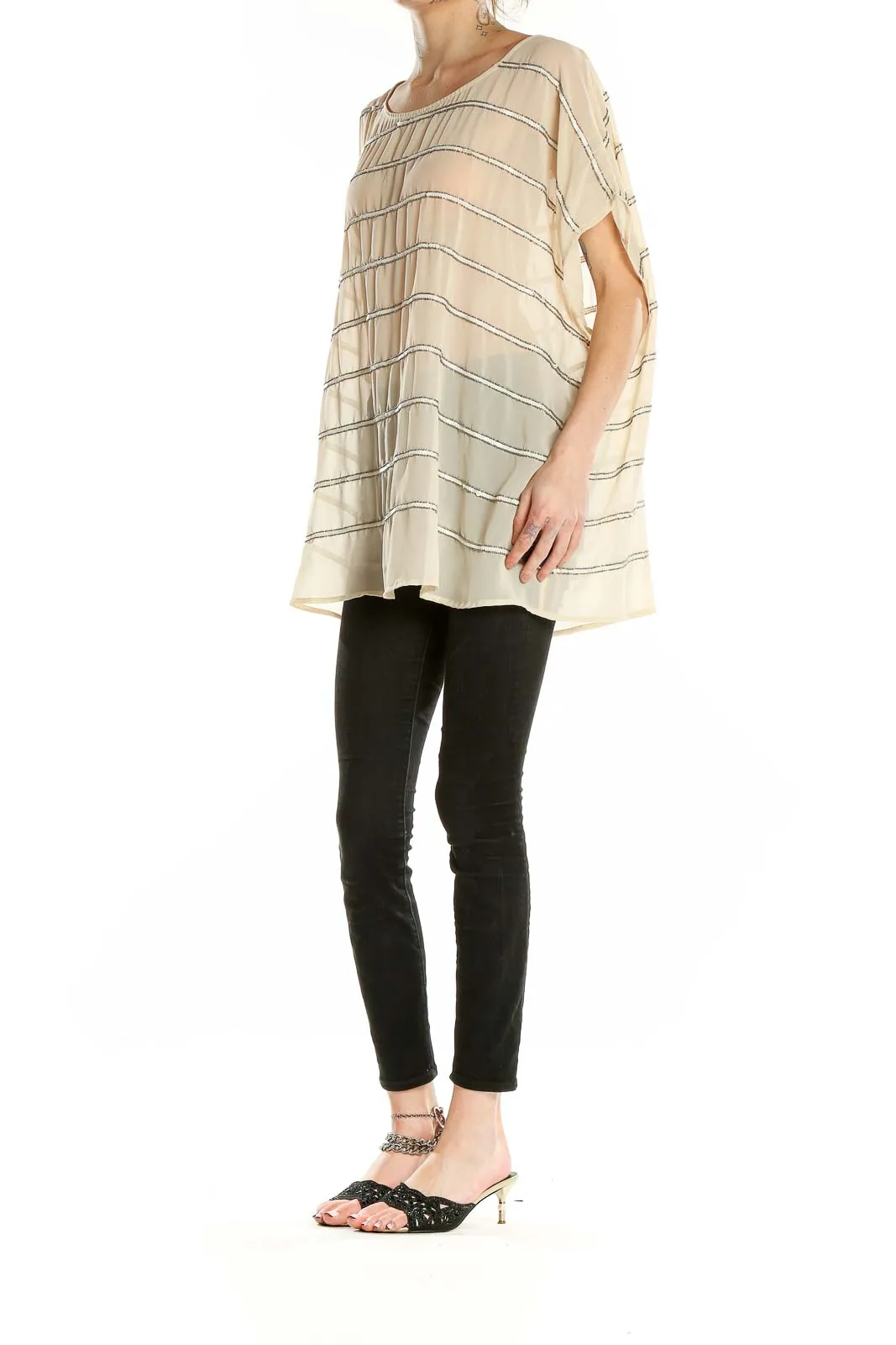 Beige Striped Oversized Tunic Top