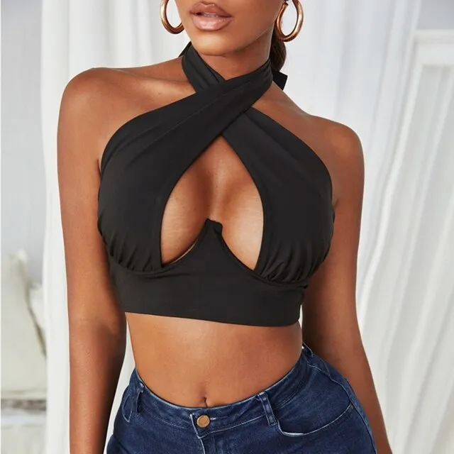 BerriesJam - Hollow Out Cross Halter Neck Crop Tube Top