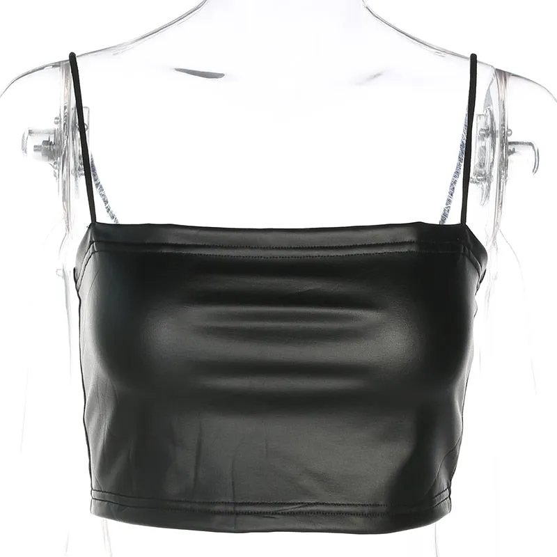 Black Crop Top Sexy Lingerie Solid Fitness Streetwear PU Leather Crop Top Sleeveless