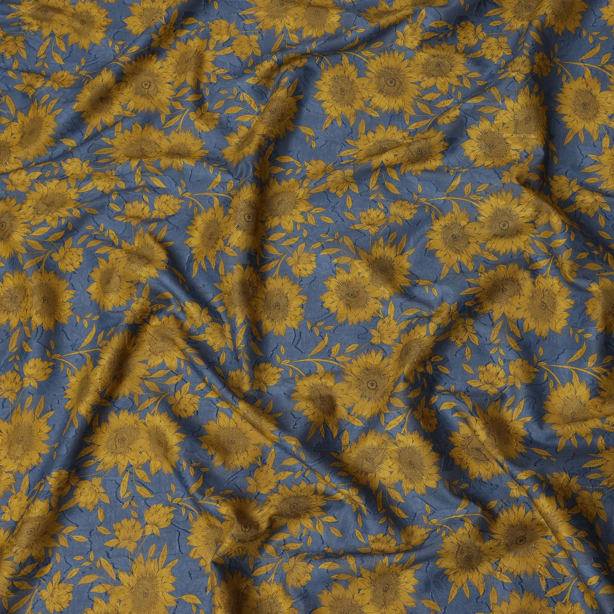 Blue and Mustard Floral Cotton Uragiri Voile with Jacquard, 110 cm Width-D20571