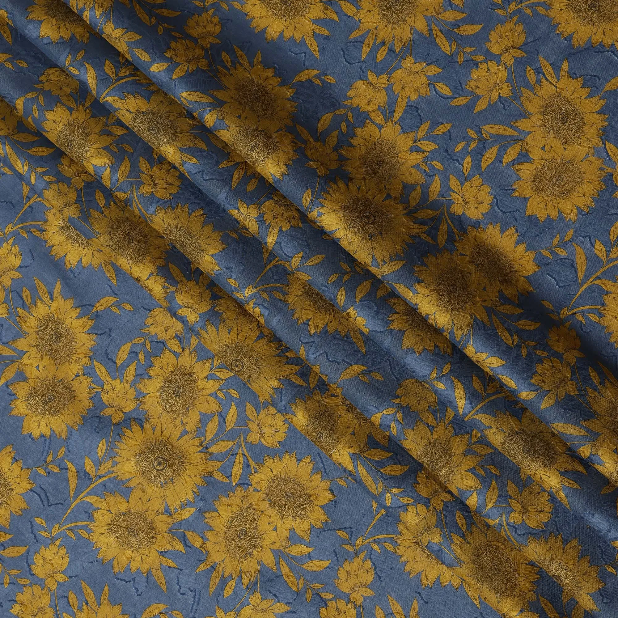 Blue and Mustard Floral Cotton Uragiri Voile with Jacquard, 110 cm Width-D20571