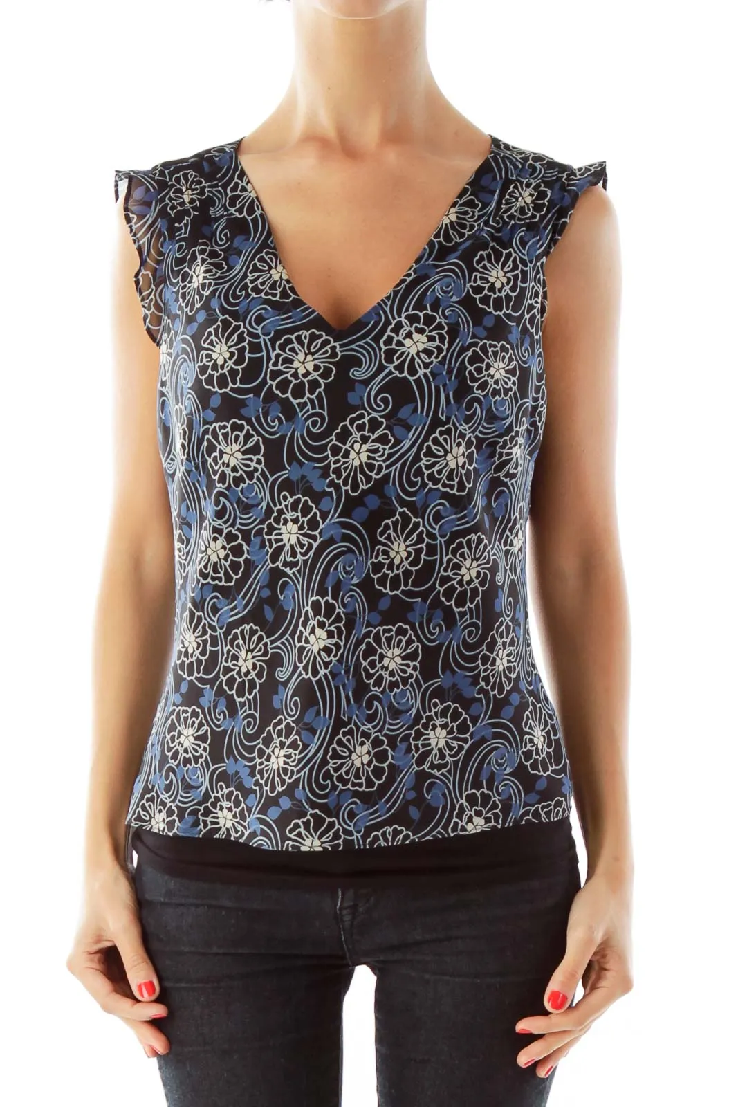 Blue Floral Print Sleeveless Blouse