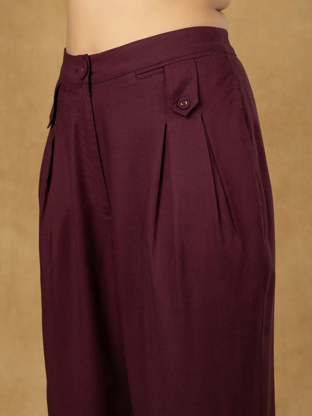 Burgundy Inverted Pleats High Waist  Trouser