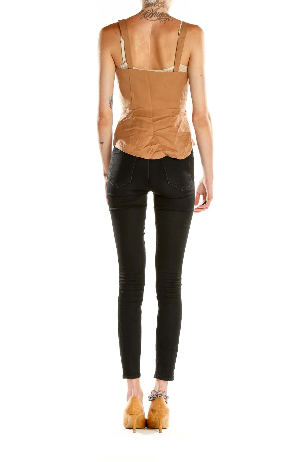 Camel Button-Front Sleeveless Crop Top