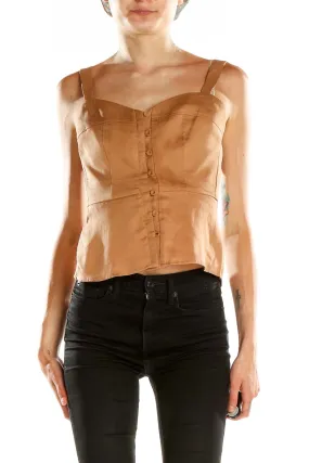 Camel Button-Front Sleeveless Crop Top