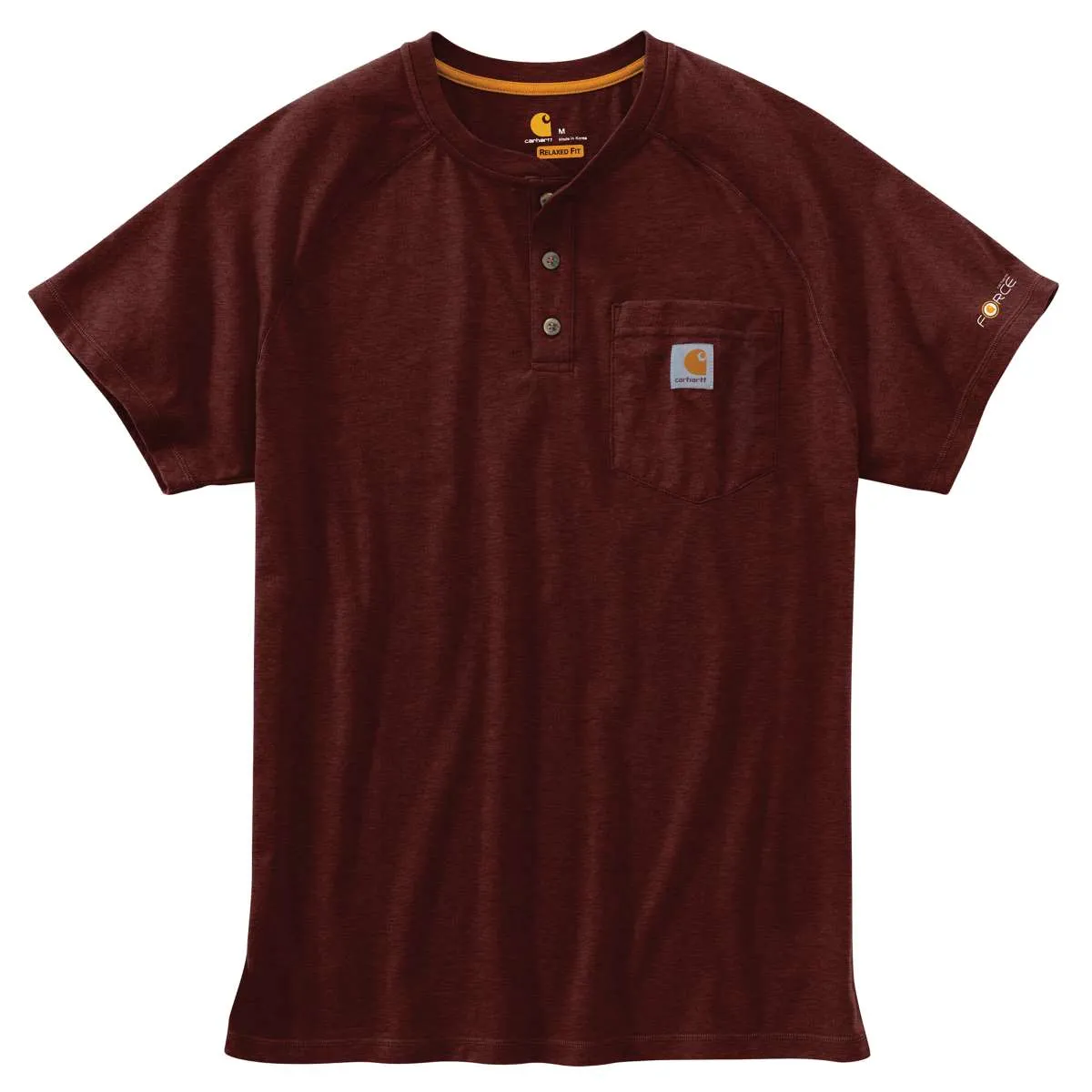 Carhartt Men's Red Brown Heather Force Cotton Delmont Short Sleeve Henley