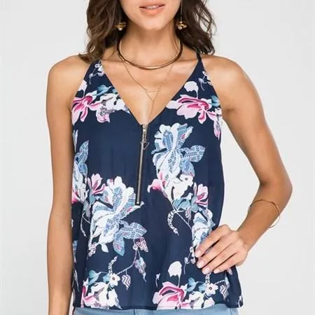 Casual Print V neck Sleeveless Tops