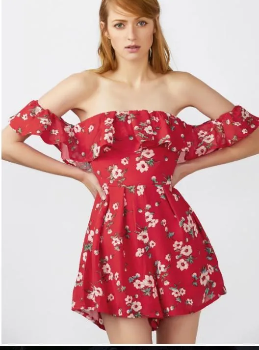 Chiffon Off Shoulder Lotus Leaf High Waist Floral Dresses