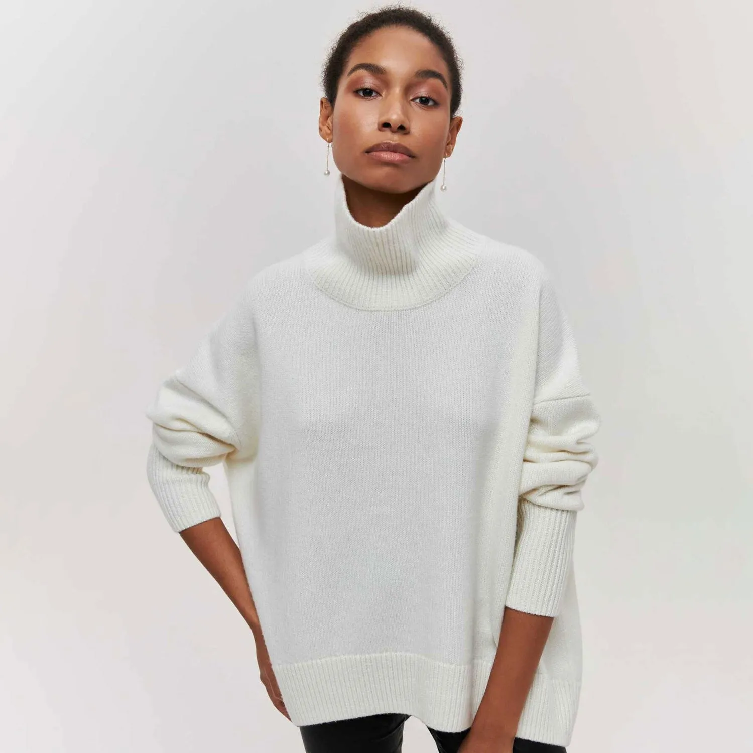 Cozy Solid High Neck Drop Shoulder Long Sleeve Oversized Pullover Knit Sweater