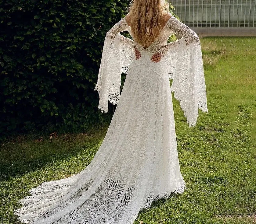 Custom Crochet Lace Fairy Boho Style A  Line Wedding Gown All Sizes/Colors