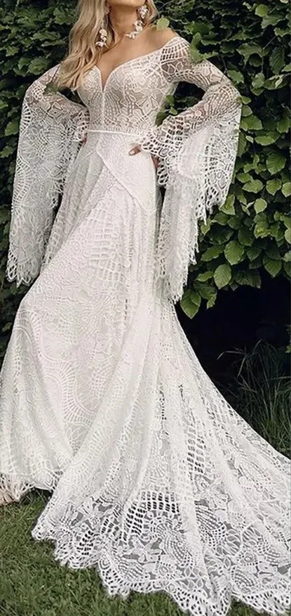 Custom Crochet Lace Fairy Boho Style A  Line Wedding Gown All Sizes/Colors