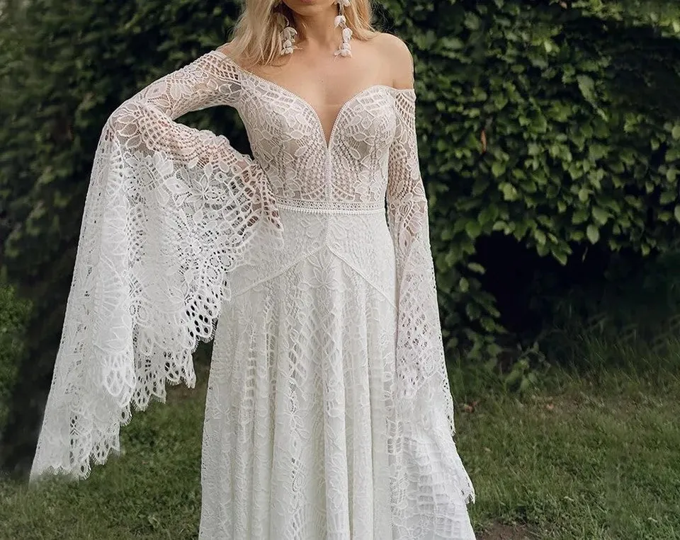 Custom Crochet Lace Fairy Boho Style A  Line Wedding Gown All Sizes/Colors