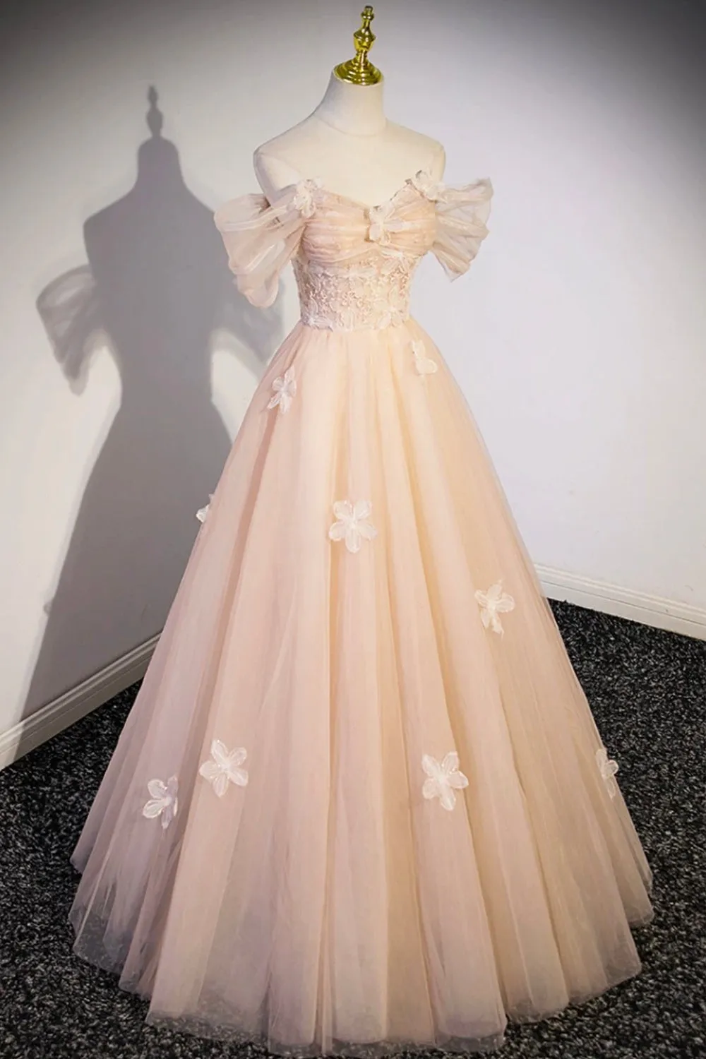 Cute Flowers Tulle Long Formal Dresses, Off Shoulder Evening Dresses