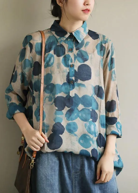 French lapel fall Tunic Wardrobes blue dotted blouses