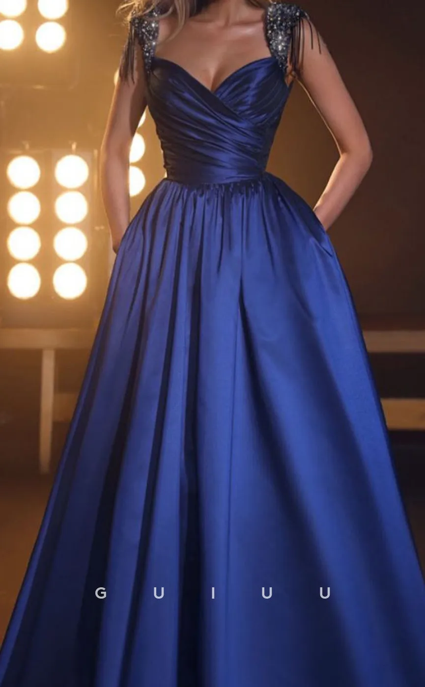 G3948 - A-Line Strapless Straps Sleeveless Pleated Ruched Navy Blue Long Prom Dress