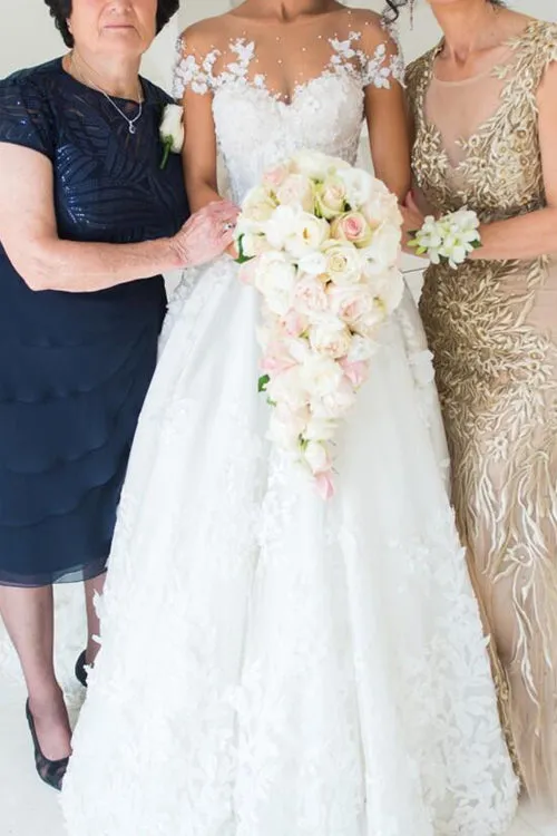 Gorgeous White Lace A-line Scoop Backless Long Wedding Dress with Appliques, SW227