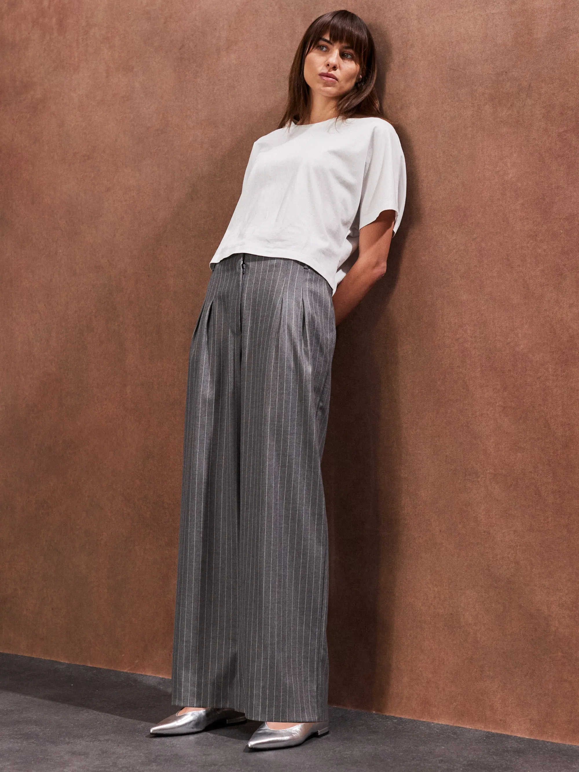 Grey Pinstripe High Waist Trousers