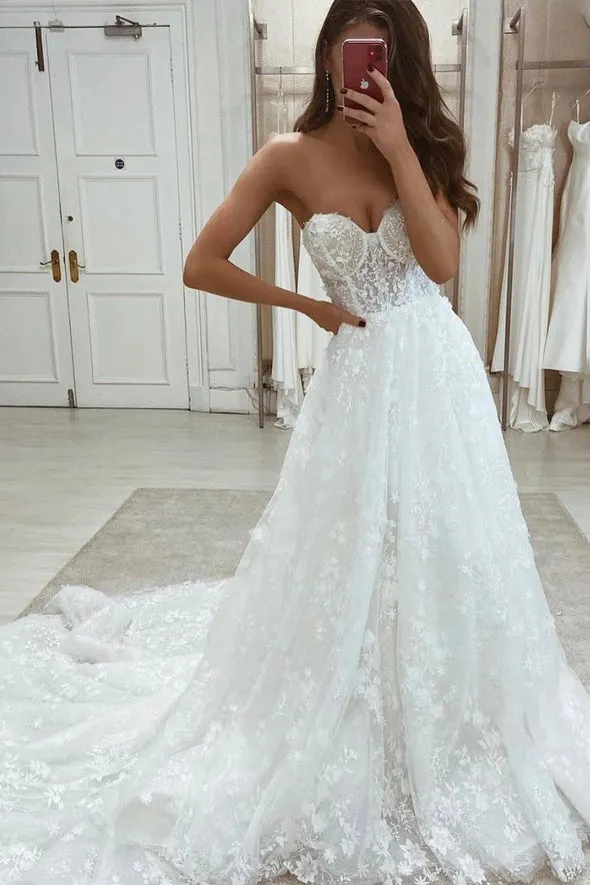 Half Sleeve A Line Lace Appliques Wedding Dresses Sweetheart Wedding Gowns