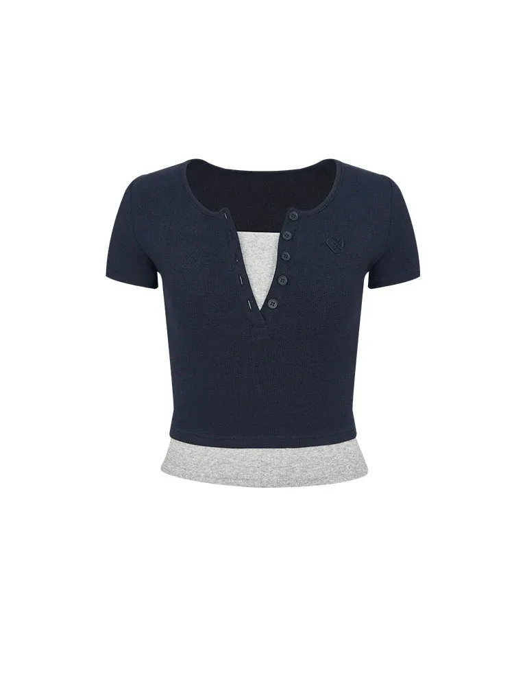 Henley Crop Top with Short Sleeves