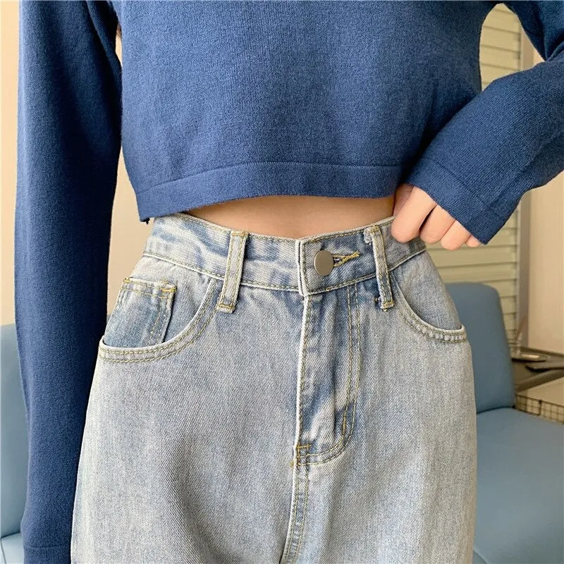 High Waisted Jeans for Women Straight Leg Denim Bottom Vintage Pants