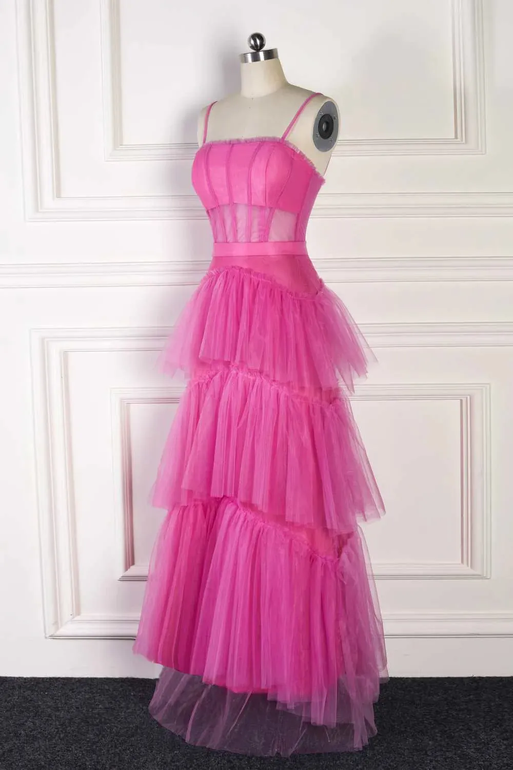 Hot Pink Spaghetti Straps A-Line Tulle Tiered Long Party Dress