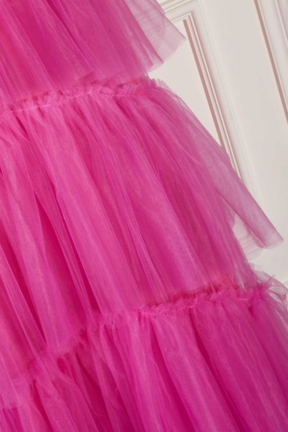 Hot Pink Spaghetti Straps A-Line Tulle Tiered Long Party Dress