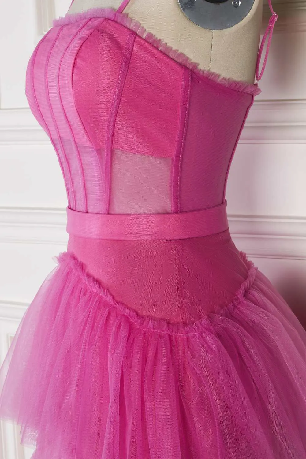 Hot Pink Spaghetti Straps A-Line Tulle Tiered Long Party Dress