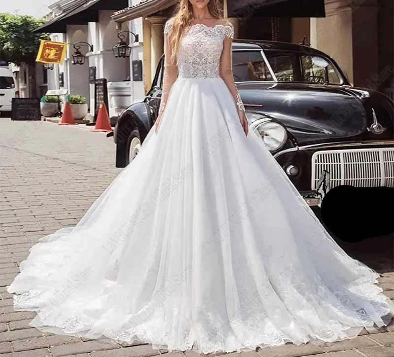 Illusion Bateau Lace/Tulle A Line Wedding Gown All Sizes/Colors