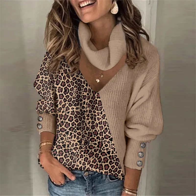 Knitted Leopard Patchwork Turtleneck Spring Button Lantern Sleeve Sweater (6 colors)