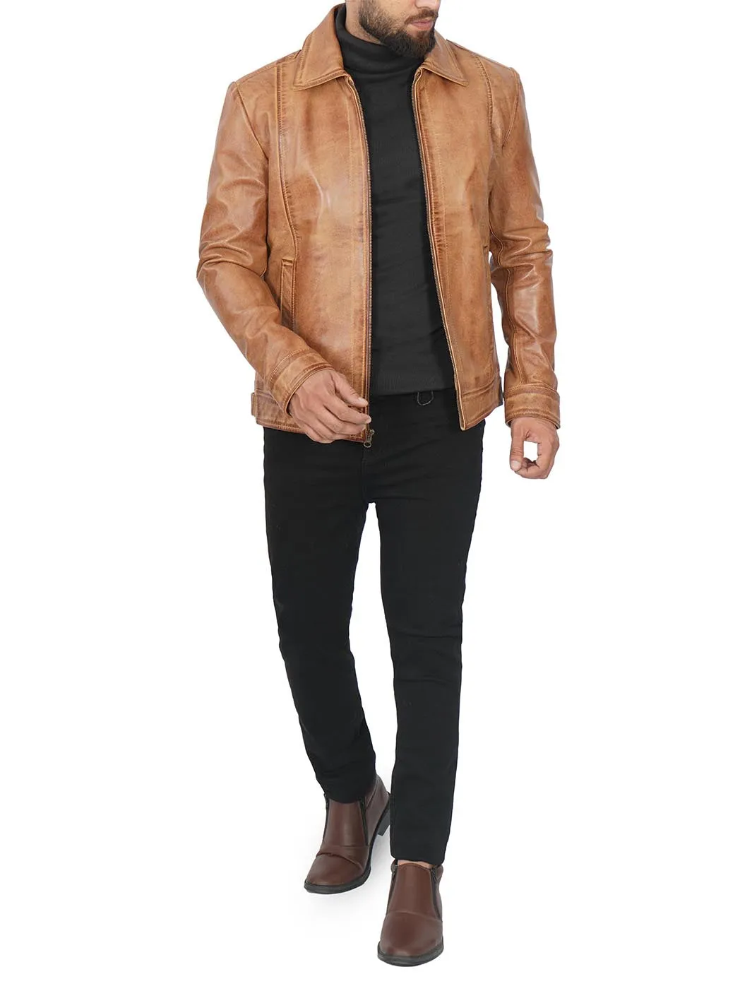 Men's Camel Motorcycle Leather Jacket